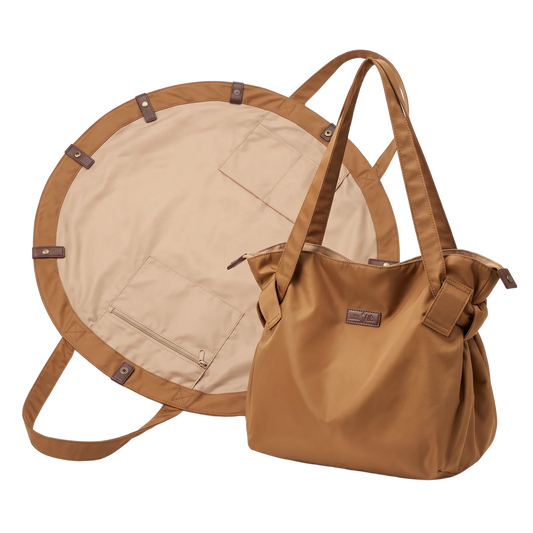 Bolsa de la compra circular en color caramelo, abierta en círculo y cerrada en bolso